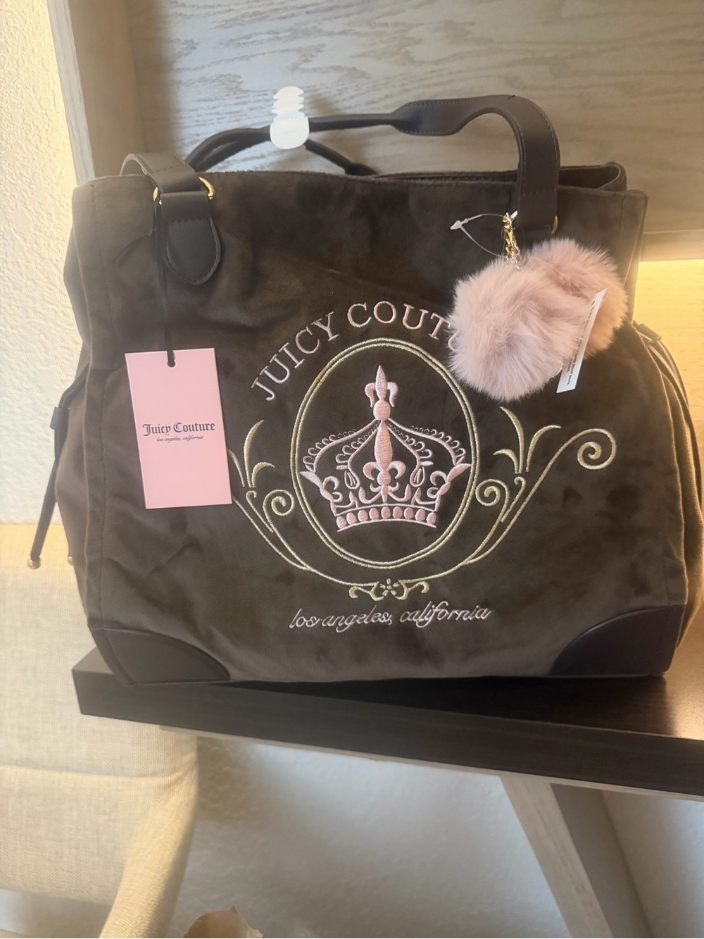 Juicy Couture Brown Velvet Tote with Pink Embroidered Crest and Pom